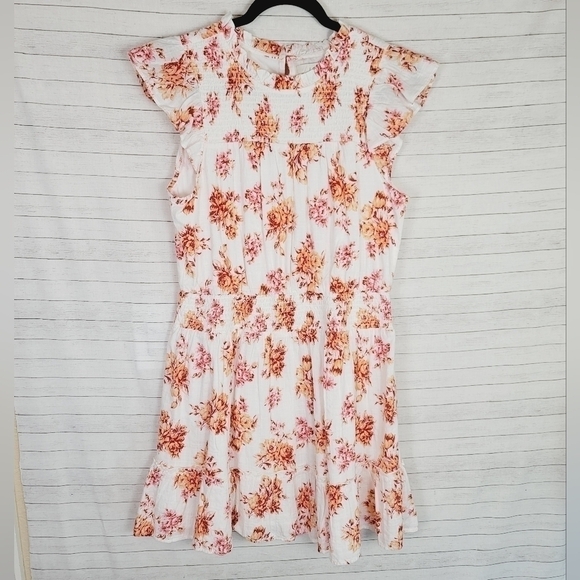 LOFT FLORAL SMOCKED RUFFLE FLARE DRESS, SZ MEDIUM - Picture 2 of 15